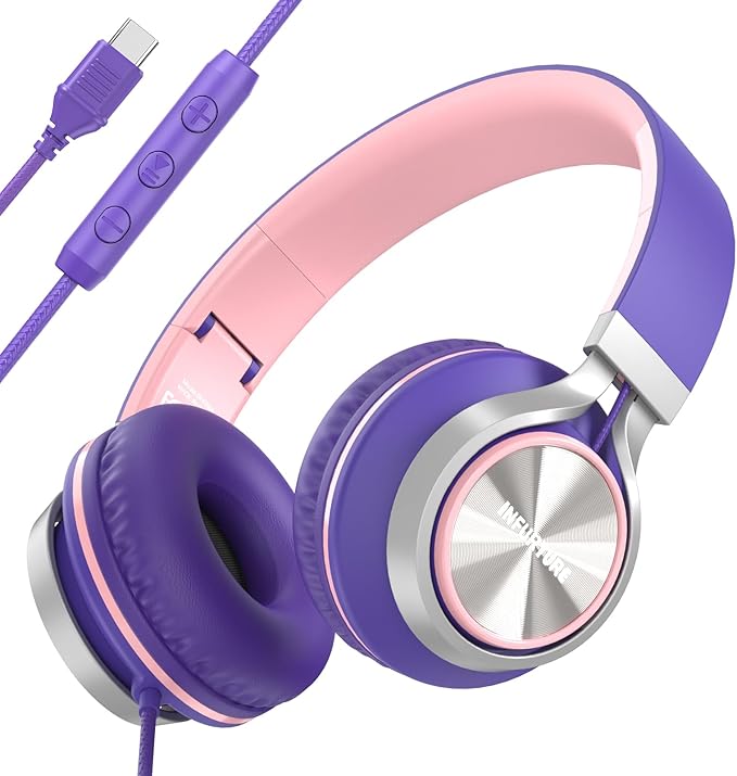 INFURTURE USB C Headphones with Mic,Volume Control,Tangle-Free Plaiting Line,Wired Headphones Type c,Lightweight Foldable for iPhone 17/16/15 Headphone Series/Tablet/School/Travel/Sports/Audiobooks