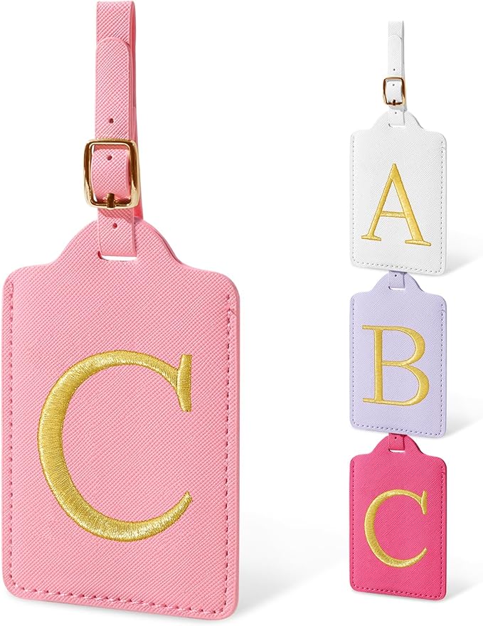 Initial Luggage Tags for Suitcases, Cute Embroidered Letter Luggage Bag Suitcase Identifier Name Baggage Tag, PU Leather Travel Luggage Tags, Bag Tags for Men Women Kids Luggage Handbags(Pink C)