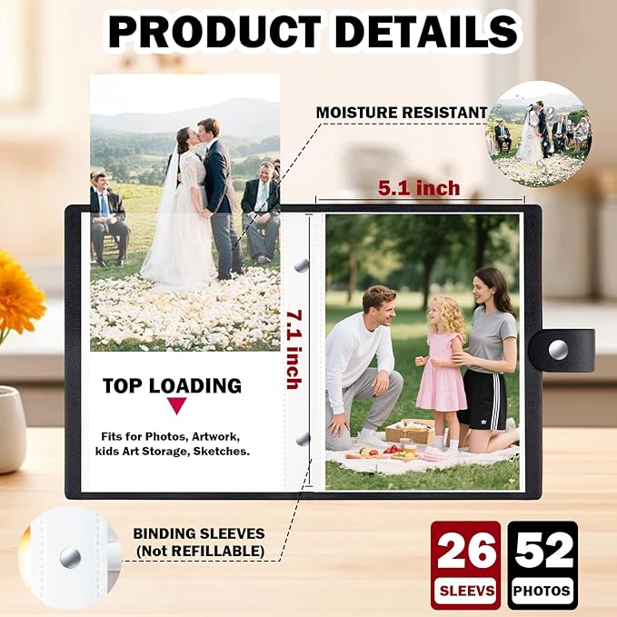2 Pack Small Photo Album 5x7 Holds 52 Pictures Leather Cover 5 x 7 Album Mini Picture Book Acid Free Inner Pages Portable Albums Book for Wedding Family Boys Girls Art Work(Black)