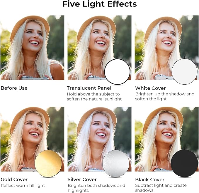 K&F CONCEPT 5-in-1 Light Reflector 32"(80cm) Photography Diffuser Collapsible Portable for Studio and Outdoor Lighting Gold Silver White Black Translucent