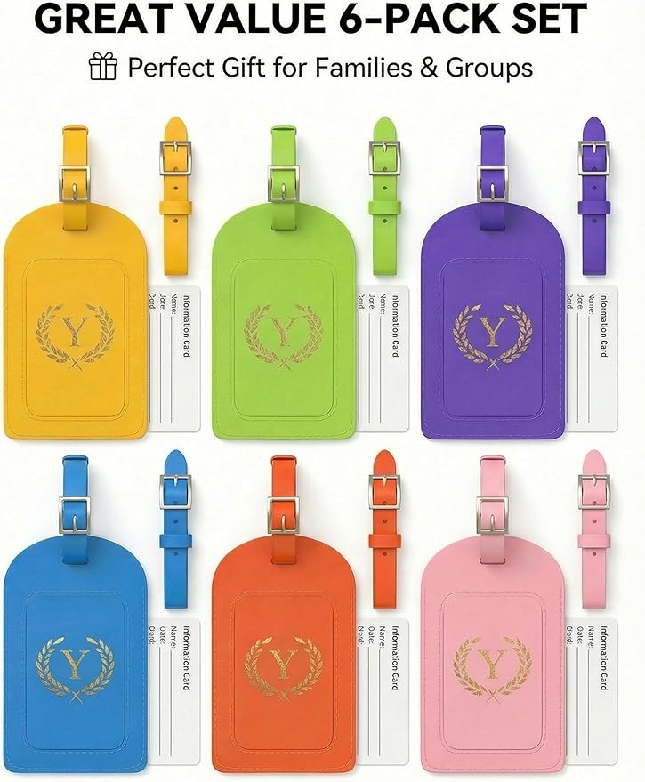 Luggage Tags for Suitcases 6 Pack PU Leather Travel Bag Tags with Privacy Cover & Stainless Steel Buckle, Vegan Leather Name ID Labels for Travel Bags, Cruise, Airline, Backpack, Baggage Identifier(Y)