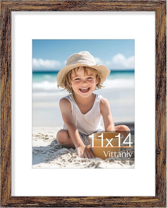Vittanly 11x14 Picture Frame, Made of Solid Wood and Shatterproof Plexiglass, Display Pictures 8x10 with Mat or 8x10 without Mat, Wooden Photo Frame for Wall Mounting or Tabletop, Dark Brown, 1 Pack