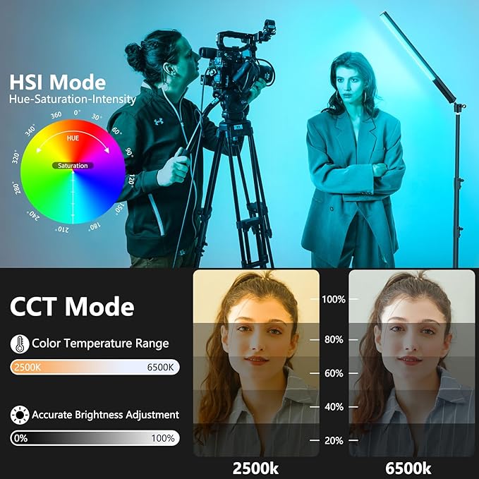RGB LED Light Wand 360°RGB Handheld Video Light Stick for Studio Photography, Battery Powered Tube Lights, 12 Lighting Effects, 2500-6500K Dimmable Camera Light with LCD