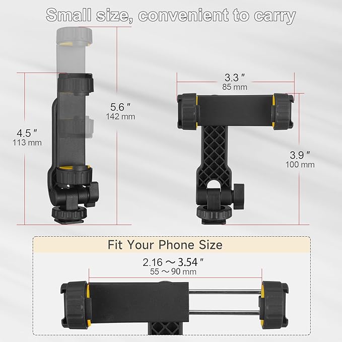 Phone Tripod Mount, Universal Tripod Phone Holder with 2 Cold Shoe and 1/4" Screw, 360° Rotates and 180° Tilts Adjustable Cell Phone Mount Adapter, Camera Phone Clamp for iPhone & All Phones