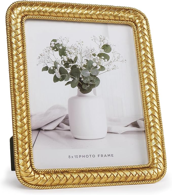 8x10 Gold Picture Frame, Ornate Resin Photo Frame with Glass Front, Decorative Rattan Design Gold Frames for Tabletop Display & Wall Hanging, Vintage Elegant Home Decor for Living Room, Bedroom