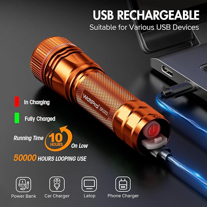 WdtPro Rechargeable Flashlights High Lumens, 1 Pack 10H Long Lasting Super Bright EDC Flashlights, LED Mini Tactical Flash Lights for Camping Emergency, Drop & Water Resistant Orange(Battery Included)