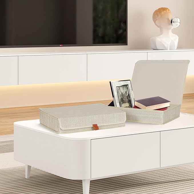 ORGMASTER Photo Storage Boxes with Lids, Memory Box for Keepsakes, Picture Organizer Versatile Linen Containers Basket Collapsible Bin for Organizing Home Office, 2 Pack, 14x10.8x2.5 Inch, Beige