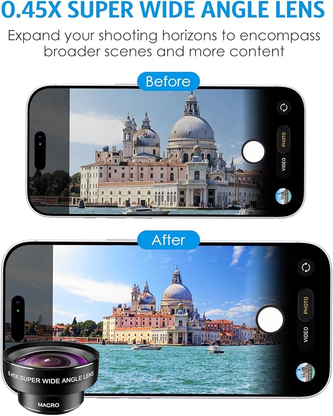 AMIR Phone Camera Lens, 0.45X Super Wide Angle Lens for iPhone Lens Kit, 15X Macro Clip-On 2 in 1 Professional Lens Kit for iPhone, Samsung, Google and Most of Android