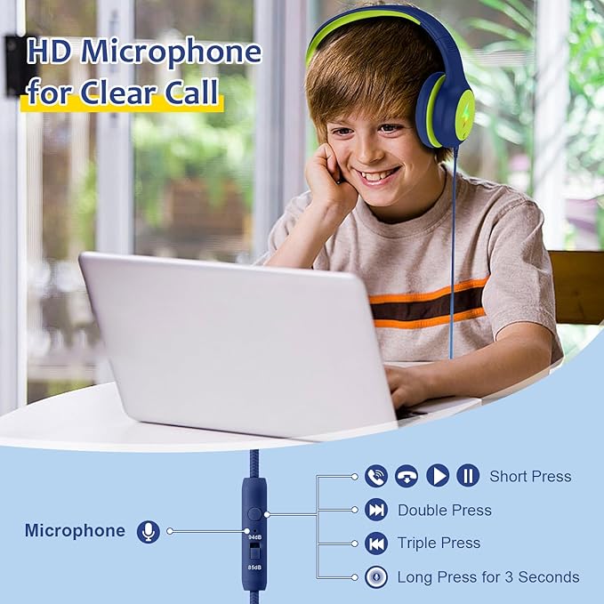 Kids Headphones Wired with Microphone, USB Type C Headphones for Kids Girls Boys with Cord/LED Lights/85/94dB Volume Limit, Portable Over Ear Headphones for School/Travel/Tablet/iPad