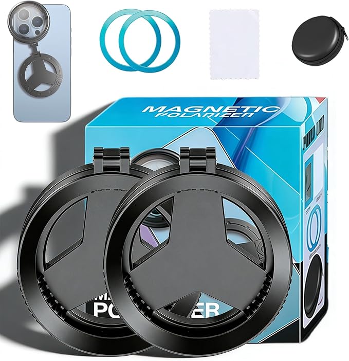 Anti-Glare Magnetic Phone Filter, 52mm Magnetic CPL Polarizer, Foldable Portable Rotatable Quick Mount Lens, Reduce Glare & Reflections for Water, Glass, Sky (2PC)