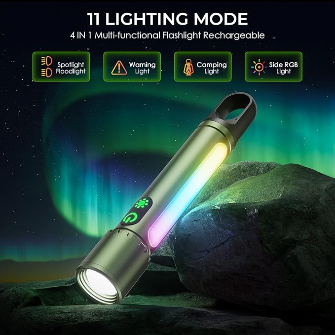 Magnetic Flashlight Rechargeable,2000LM 5000mAh Flashlights High Lumens with 18 Modes,Waterproof, Adjustable,Powerful Flash Light,Multi-Flashlights for Home,Car,Hiking,Camping(1, Green)