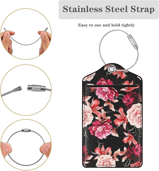 (Set of 2) Luggage Tag Leather Privacy Cover ID Label Address Card with Stainless Steel Loop, Travel Bag Tags Suitcase Labels, Black Flowers
