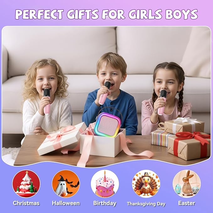 Upgraded Mini Karaoke Machine with 3 Wireless Microphones for Kids Girls Boys - Karaoke Party Speaker Christmas Birthday Gifts for 4 5 6 7 8 9 10 11+ Year Old - Kids' Instrument Accessories - Pink
