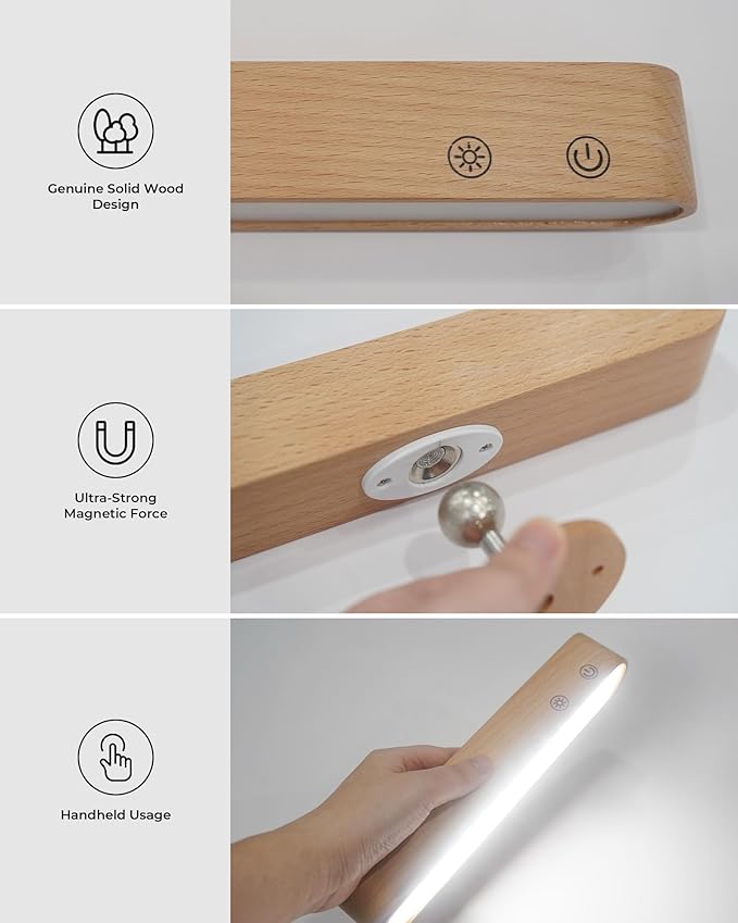7500 mAh Rechargeable Wood Wall Sconce for Bedroom, LED Wall Light with Remote Control and Touch, 360° Magnetic Rotation, 3 Colours, Dimmable Wooden LED Wall Lamp with 15 RGB Colors,1 Pack