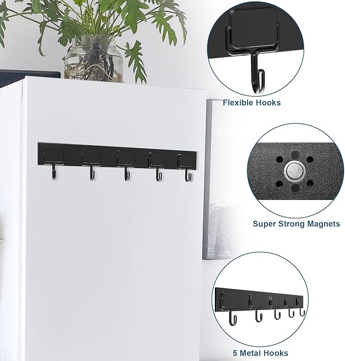 MAGTSMEI Magnetic Hooks for Cruise Cabins, Strong Neodymium Magnet Hook, Heavy Duty Magnet Coat Rack with 5 Metal Hooks for Indoor Outdoor Hanging, Kitchen, Keys Holder, Refrigerator, Oven