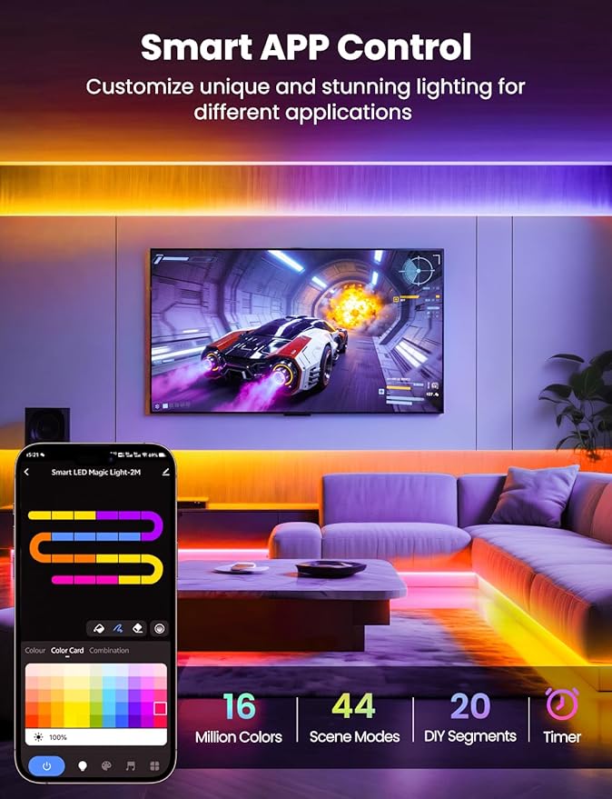 RGB+IC LED Strip Light, 16.4ft Smart LED Light for Bedroom, Bluetooth APP Control, Color Changing LED Strip Lighting, 44 Scene Modes, Music Sync, TV Backlight Behind Strip, Home Decor, Gaming Room