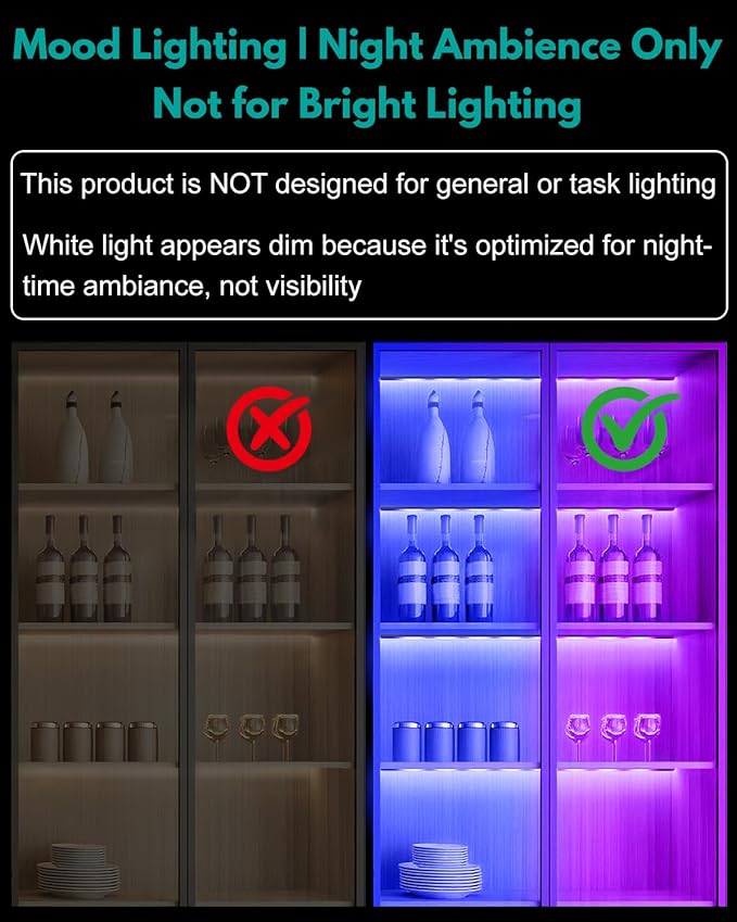 JUSJUBR RGB Shelf Lights, 4 PCS 12 Inch LED Light Bars for Night Ambient Lighting, Multiple Colors and Lighting Modes, App & Remote Control, Mood Lighting for Shelves, Cabinets, Display Cases, Desks