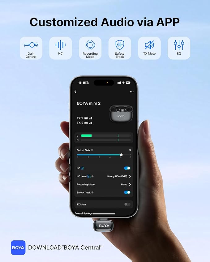BOYA mini 2 Wireless Lavalier Microphone for iPhone 15/16/17 & Android,AI Noise Cancellation,App Control, 30H Battery Life with Charging Case,Lapel Microphone Wireless for Video Recording Podcast Vlog