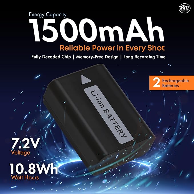 BM Premium 2 NP-FW50 Batteries and Dual Bay Charger for Sony ZV-E10, A6100, A6400, DSC-RX1R III, DSC-RX10 IV, DSC-RX10 II, RX10 III, A7 II, Alpha 7R, a7R, A7s II, a3000 a5000 a5100 a6000 a6300 a6500