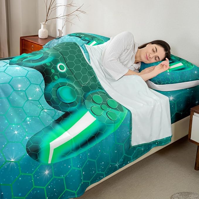 Gamer Queen Bedding Sets for Boys Gaming Sheet Sets Green Gradient Honeycomb Hexagon Print Fitted Sheet Video Games Flat Sheet 2 Pcs Modern Soft Microfiber All Season Machine Washable Bed Sheet