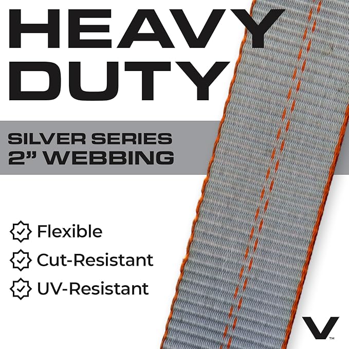 VULCAN Car Tie Down with Chain Anchors - Lasso Style - 2 Inch x 96 Inch - 4 Pack - Silver Series - 3,300 Pound Safe Working Load