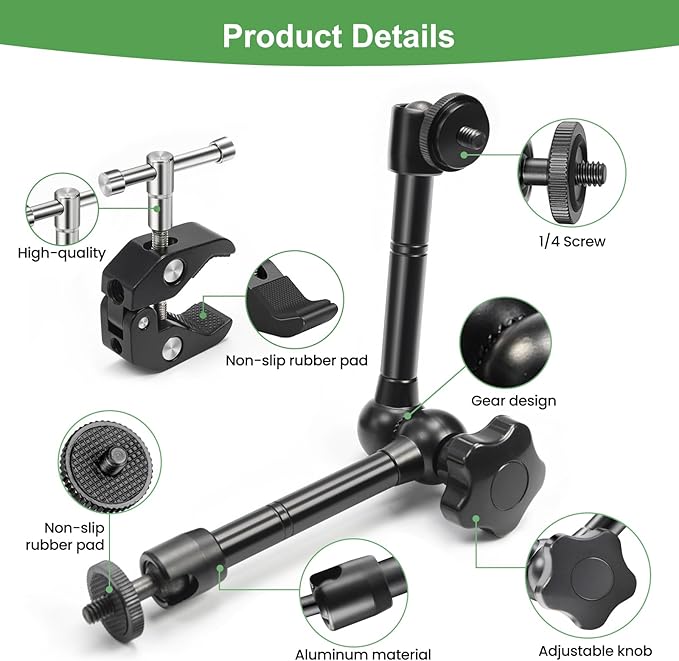 MOKOSE 10 inch Articulating Magic Arm with Super Clamp and Wall Mount Base,Friction Arm Mount for LCD Monitor LED Light Camera Rig