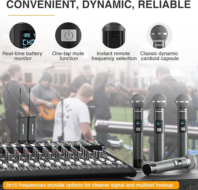 Phenyx Pro Dual Digital Wireless Microphone System, w/2 Handheld Dynamic Microphones,15 UHF Frequency Groups, Mini Receiver, Metal Cordless Mic for Karaoke,Church,DJ,Singing (PDP-2-2H)