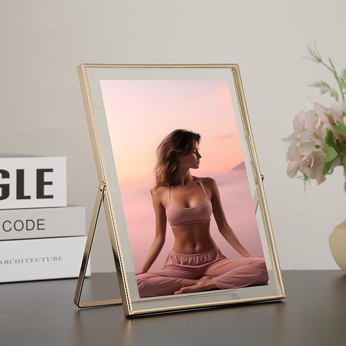 Gold 6x8''Floating Photo Frame Set of 2,For Photo Sizes (3.5x5''4x6''5x7''),Simple Metal beaded floating Picture Frames 5x7'' Gold for Tabletop/Shelf,Classy Gift Choice for Wedding,Thanksgiving