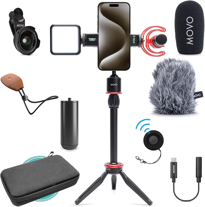 Movo iVlog1-IP Vlogging Kit for iPhone 15/16/17 and up - USB-C Compatible YouTube Starter Kit - with Shotgun Microphone, Mini Tripod, LED Light, Wide-Angle Lens, USB C Adapter, VXR10-PRO