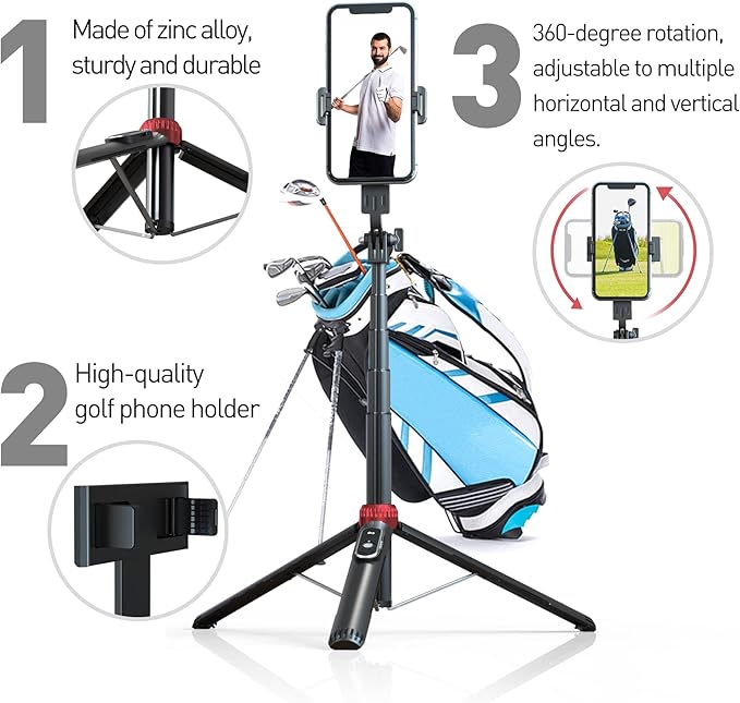 EUG-PRODUCTS 62" Phone Tripod & Selfie Stick for Golf Training, Extendable Cell Phone Tripod Stand with Wireless Remote and Phone Holder, Golf Training Aid - Compatible with iPhone Android iPhone