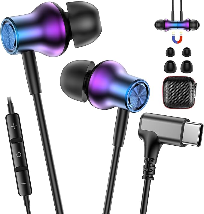 USB C Earbuds for Samsung S26 Ultra S25 Wired Type-C Headphones C Plug 90° Right Angle Earphones for Google Pixel 10a 9 Pro for iPhone 17 Pro 16 15 Cord Headphone with Microphone Volume Control Purple