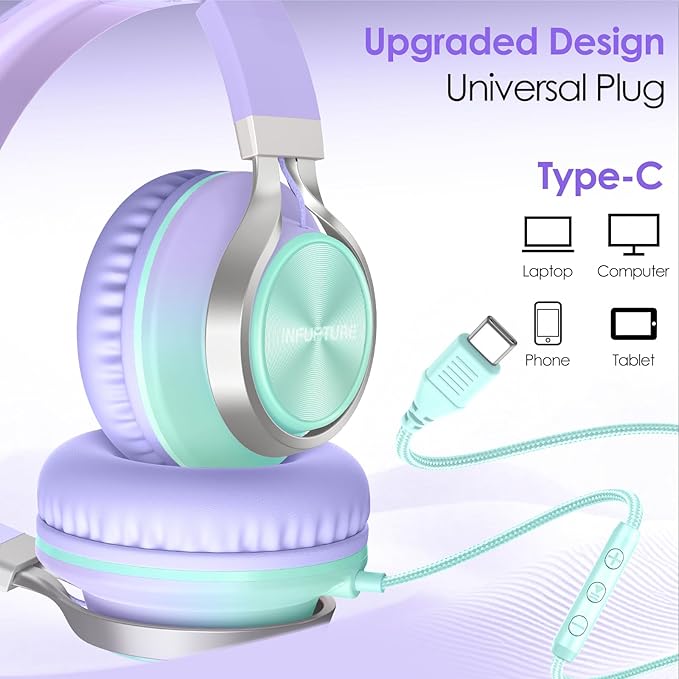 USB C Headphones Wired with Mic & Volume Control, Tangle-Free, Type C Over-Ear Headphones, Lightweight/Foldable Kids Headphones Wired Headphones USB C for iPad/Sports/School/Travel/iPhone 17/16/15