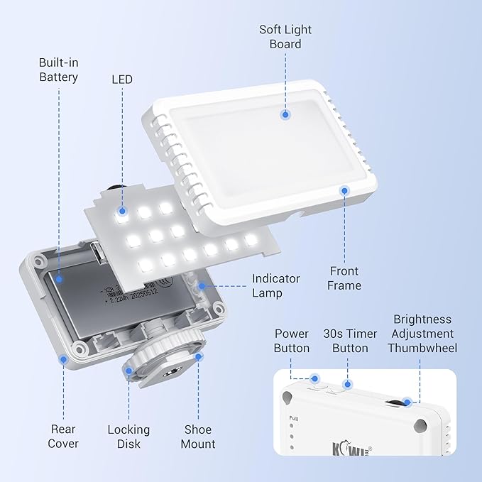 Kiwifotos Mini LED Video Light for Sony ZV-E10 II ZVE10 ZV-1F ZV1F ZV-1 II ZV1 Canon PowerShot V1 EOS R50 V & More Cameras, Flash Attachment Accessories for Vlog Shooting Record, Portable Rechargeable