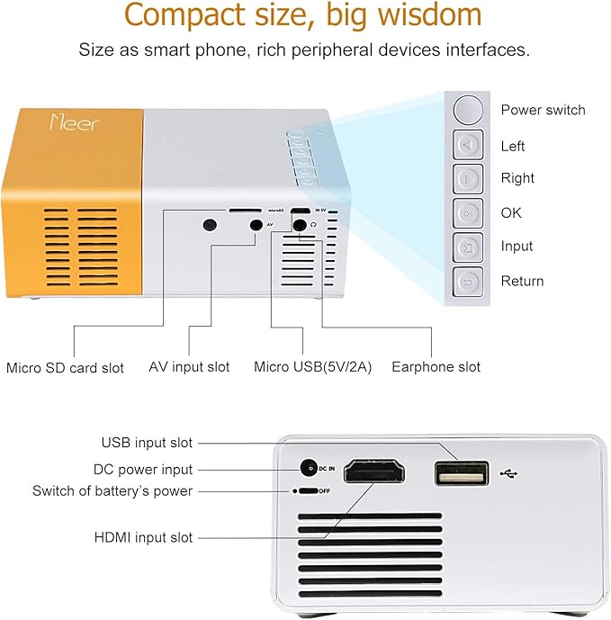 Mini Projector, Meer Portable Pico Full Color LED LCD Video Projector for Children Present, Video TV Movie, Party Game, Outdoor Entertainment with HDMI USB AV Interfaces and Remote Control