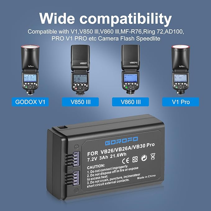 2 Pack VB26B VB26A VB26 VB30 Pro Battery for GODOX V1 V1S V1N V1C V1F V1O V1 Flash and V860III V860III-S V860III-C V860III-N V860III-O V860III-F V850III AD100PRO Camera Flash Speedlite (2 Batteries)
