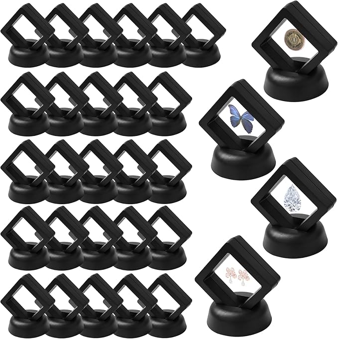 30PACK 3D Floating Frame Display Holder Stands PE Film Jewelry Storage Box Transparent Displays Cases for Medallion Challenge Coin Fossils Rocks,1.99 x 1.99 x 0.8 Inch