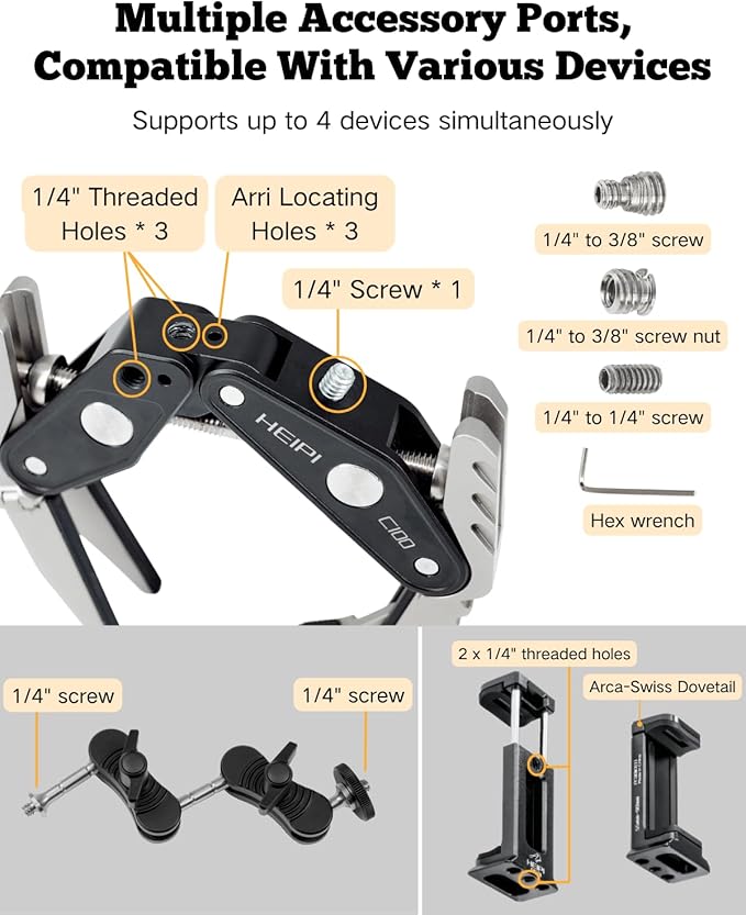 HEIPI Super Clamp Phone Camera Mount Holder 2-in-1 Clamp & Stand Design with 360°Rotation Long Magic Arm with Phone Clip Mount Adapter Holder Max Clamping 3.93 inch
