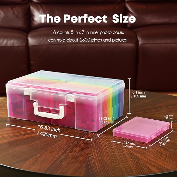 ALINK Photo Storage Box 5" x 7" with Handle, 18 pcs Inner Photo Container Organizer and Craft Keeper, Portable Picture Case with Label for Arts, Crafts, Sewing, Stickers, Office Supplies - Colored