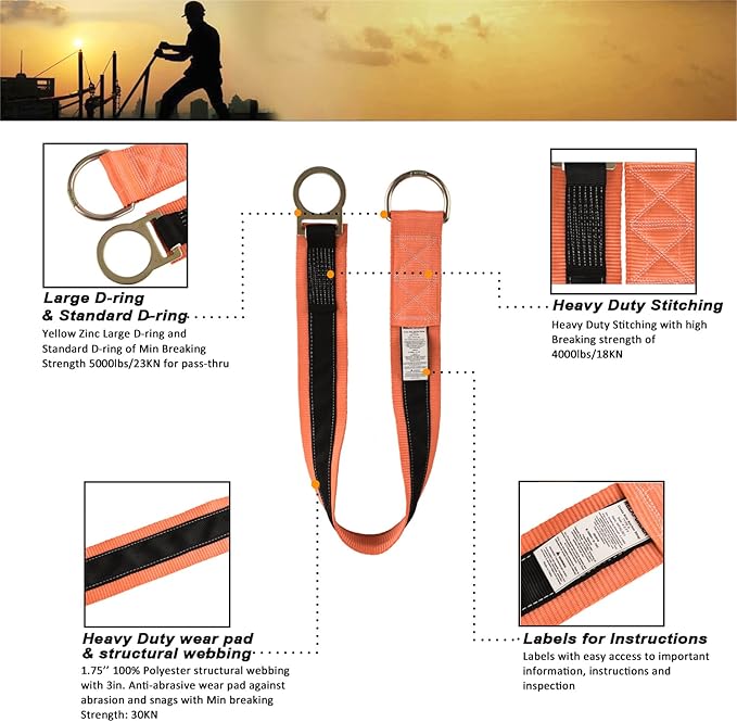 4-Foot Cross Arm Strap with Large and Standard D-Rings Pass Thru Safety Anchorage Connector ANSI Complaint Persoanl Fall Arrest System(PFAS)