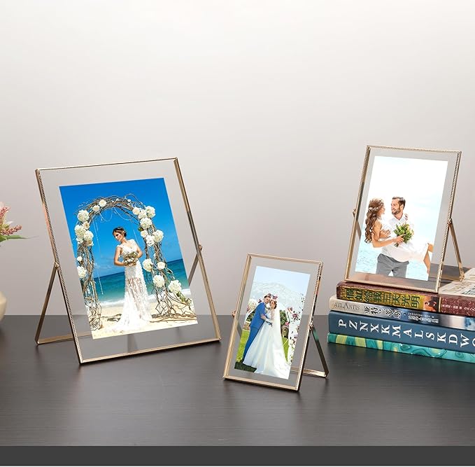 Gold 4x 6'' Floating Frame Set of 2, For Photo Sizes (2x3'', 3.5x 5'' up to 4x6'' ), Beautiful Metal Lace Edge Frames Adjustable Tabletop/Shelf Photo Frame, Classy Gift Choice for Wedding,