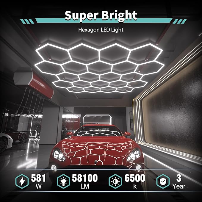 Hexagon Garage Lights: 581W 83 Pack 22 Grids LED Garage Lights - Easy Install 6500K Super Bright Honeycomb Light for Warehouse, Car Detailing Shop, Exhibition Hall, Gym