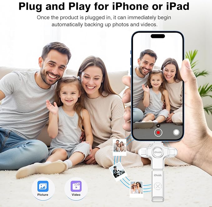 iDiskk 256GB Photo Stick – Photo & Video auto-Backup for iPhone, Android, Mac & PC – iPhone Storage Memory Stick for Transfer Files/Videos/Photos