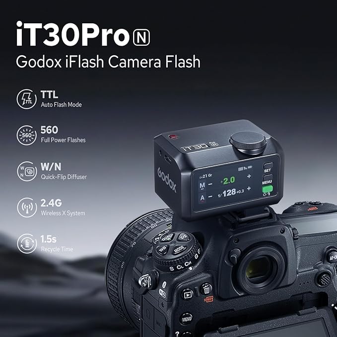 Godox iT30Pro N iT30Pro-N Flash for Nikon, 2.4G Mini Nikon Flash HSS 1/8000s, 560 Full Power Flashes, 2.8" Full-Color Touchscreen, TTL Auto-Exposure, Built-in Diffuser and Lithium Battery(Black)