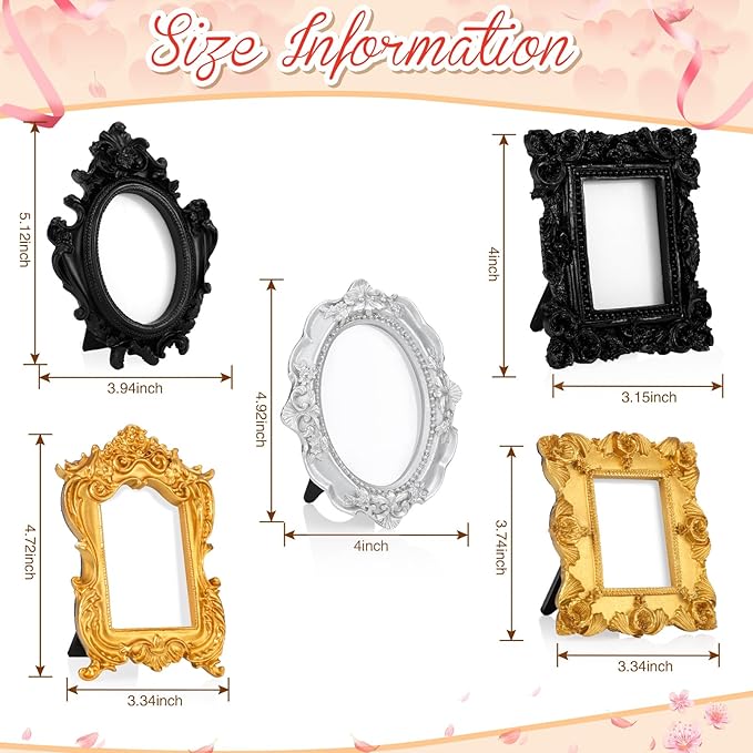 Maitys 15 Pcs Mini Picture Vintage Frames with Stands Tiny Antique Photo Baroque Ornate Resin Oval Frame Table Top Display Home Wedding Decor (Multicolor)