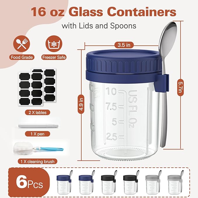 Cozyverge 6 Pack Overnight Oats Containers with Lids and Spoons, 16 oz Airtight Oatmeal Container with Measurement Marks, Overnight Oats Jars Large Capacity Airtight Jars for Milk, Cereal, Fruit