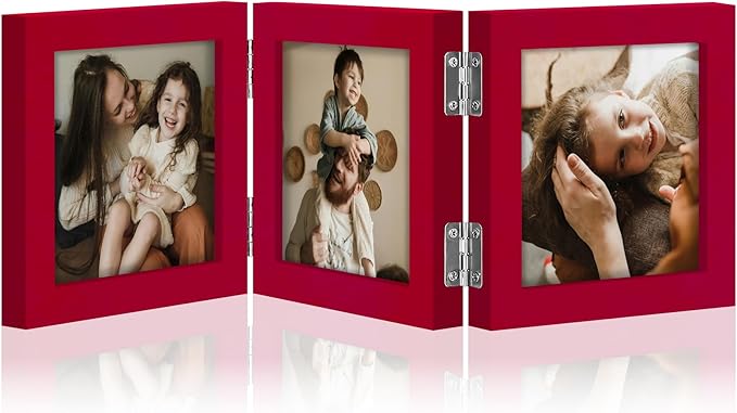decorUhome Triple 4x4 Picture Frame Vertical, Engineered Wood Trifold Photo Frame with Plexiglass for Tabletop Display, 4x4, Red