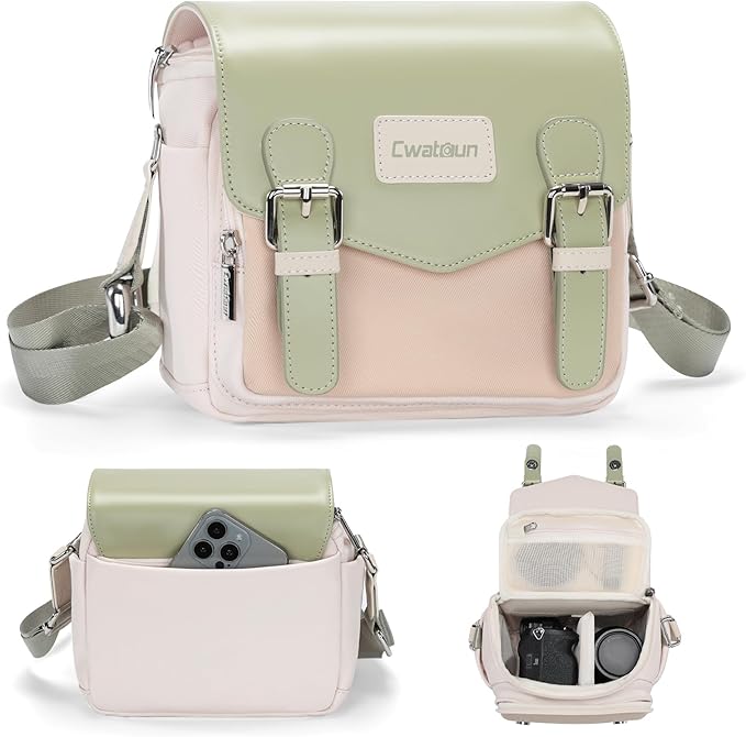 Cwatcun Camera Messenger Bag, Waterproof Flap Camera Crossbody Shoulder Case with Tripod Holder, Travel Photography Bag for Canon, Nikon, Sony, Fuji DSLR/SLR/Mirrorless Camera, Lens （Light Green）, S