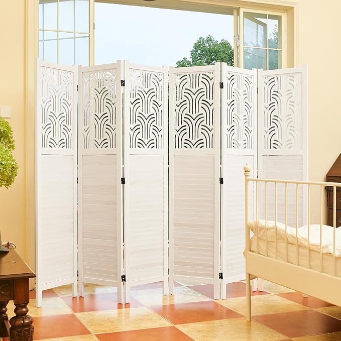 Folding Room Divider, 66.9 Inch 6 Panels Wood Carved Privacy Screens, Free Assembled Freestanding Portable Separation Wall for Home Office Restaurant Bedroom (White)