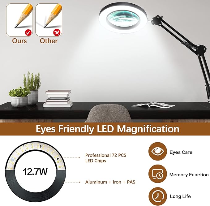 VUEJIC 10X Magnifying Glass with Light and Clamp, Magnifier with Light Hands Free3 Color Modes Stepless Dimmable, 72 LEDs Real Glass Lens Magnifying Lamp for Close Work, Repair, Reading, Craft