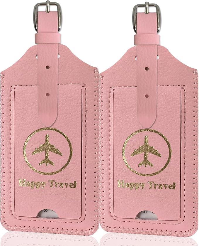 ACdream Luggage Tags 2 Pack, Leather Suitcase Tags Identifiers, Cute Cruise ID Labels with Privacy Cover fits on Backpack, Travel Bag, for Women/Men, Adults, Kids, Light Pink